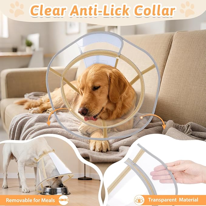 Dog Cone Collar, Clear Recovery Cone to Stop Licking, Adjustable Depth for Large Dogs, E-Collar with Reflective Strip for Night Visibility After Neuter XL
