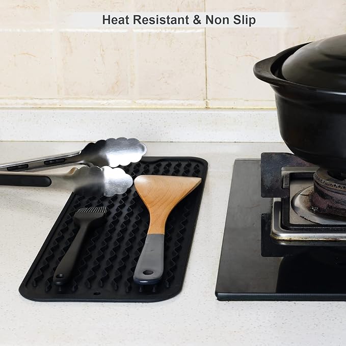 ZLR 2 Pcs Small Dish Drying Mat (6" x 17" / 153 x 433mm) - Narrow Silicone Drainer for Kitchen Counter, Apartment & RV - Compact Sponge Holder & Sink Caddy Tray, Non-Slip Food-Grade Silicone (Black)