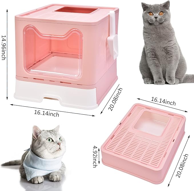 Cat Litter Box Foldable Portable Cat Litter Pan with Lid,Top Entry Litter Box Large Covered Cat Litter Box for Travel with Cat Litter Scoop,Brush and Garbage Bag