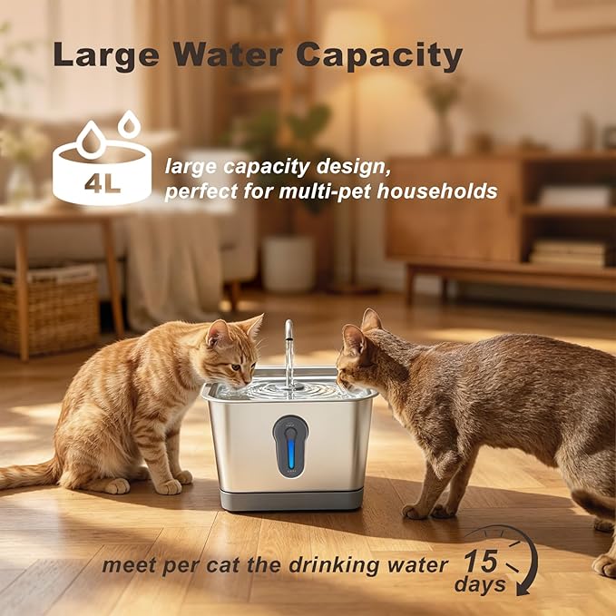 Cat Fountain Stainless Steel, 135oz/4L Pet Water Dispenser with App Monitoring, 4000mAh Operated Water Dispenser for Cats & Dogs,Ultra Quiet, LED Water Level Window Cat Fountain (2 Filter& 3 Sponge)