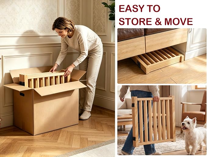 Dog Gate Indoor, 23" H Wooden Freestanding Puppy Gate, No-Painted Foldable Dog Barrier with Door Walk Through, Portable Fence for Stair, Doorway- 3 Panels