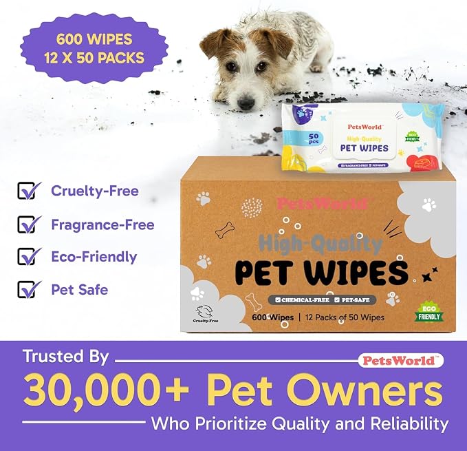 PETSWORLD 3-in-1 Pet Wipes | Hypoallergenic, Unscented & Biodegradable Grooming Wipes for Body, Paws & Butt | Thick, Durable, Daily Use Pet Cleaning Wipes (50 Count)