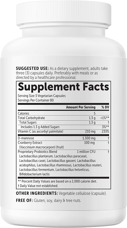 Micro Ingredients D Mannose 1,300mg Per Serving with Cranberry | 240 Veggie Capsules + Fat-Soluble Vitamin C & 1 Million CFU Probiotics Blend | Daily D Mannose Formula for Women | Filler Free, Non-GMO