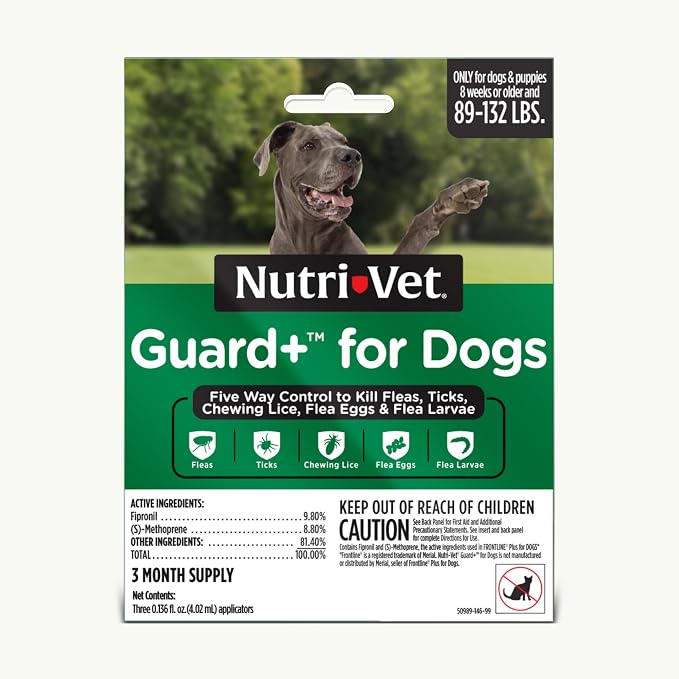 Nutri-Vet Guard+ for Dogs, Flea and Tick Prevention Spot On Drops, Topical Treatment for Dogs 89-132 lbs, Puppy Essentials, Waterproof Formula, 3 Monthly Doses, 90 Days of Protection