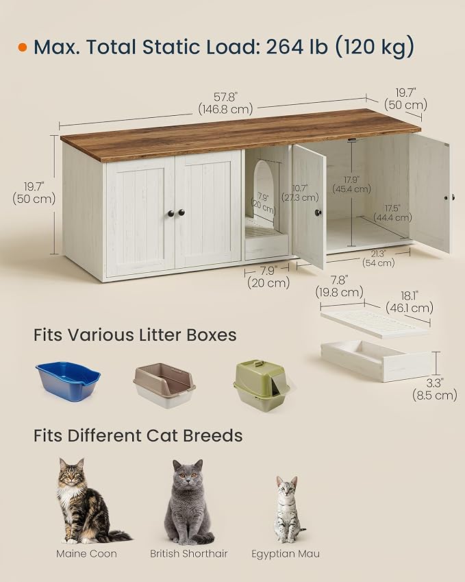 SONGMICS Home Cat Litter Box Enclosure, Snapsemble Superfast Assembly, Double Litter Box Furniture Cabinet Hidden with Collection Drawer, Hooks, Cat House, Rustic White and Honey Brown UPCL235WJ02S