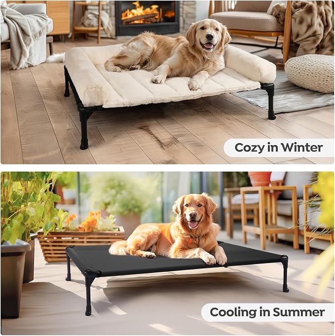 Veehoo Orthopedic Elevated Dog Bed with Fluffy Plush Bolster Cushion, Indoor Raised Dog Beds for Large Dogs, Soft Pet Sofa Cot with Removable Washable Mat, No-Slip Feet, 42 x 30 inches, Cream White