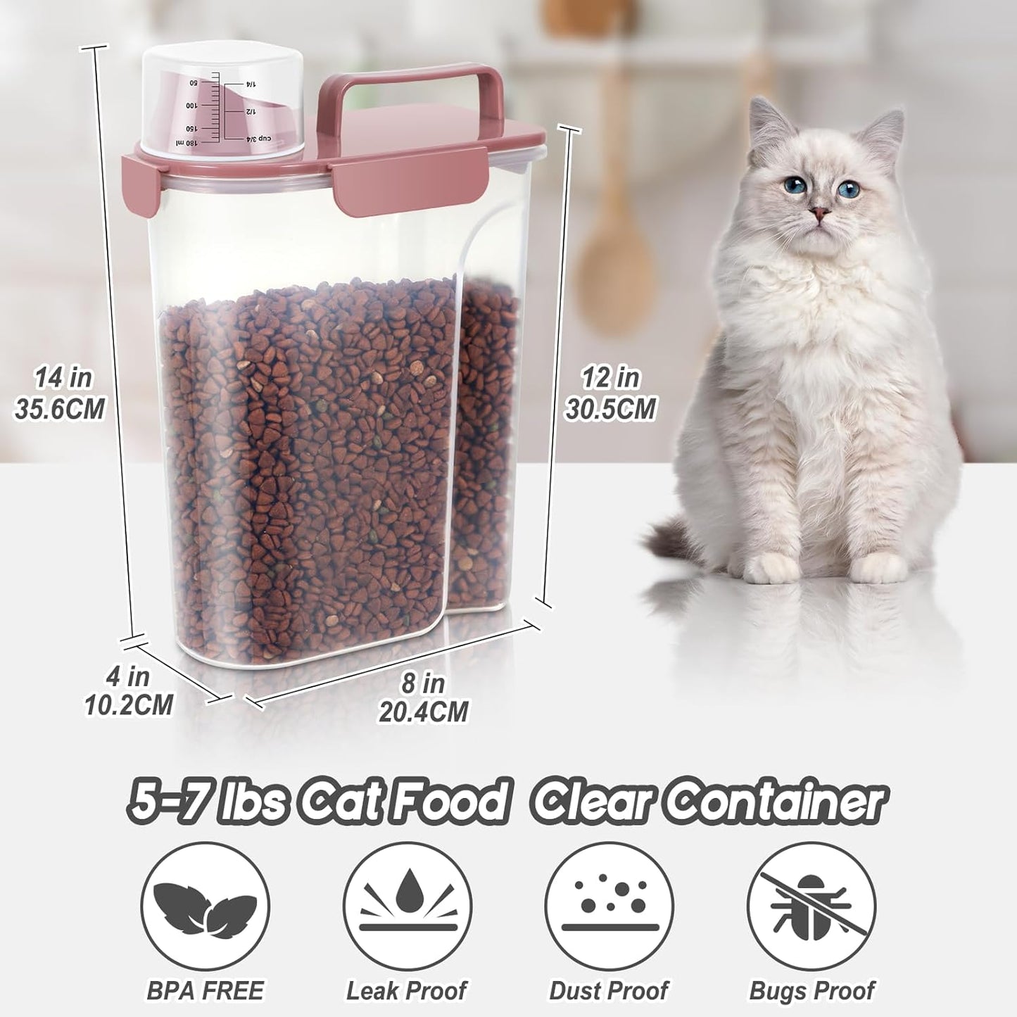 5-7Lbs Cat Dog Storage Container, Portable Pet Food Containers with Upgraded Large Spout and Cup, Small Animal Kibble Dispenser for Bird Seed, Oatmeal, Rice, Flour (1, Pink, 5L)