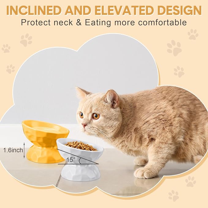 Bokon 4 Pcs Ceramic Raised Cat Bowl 6.8 oz Pet Food Bowl Anti Vomiting Pet Elevated Dog Feeder Tilted Cat Water Bowl Feeding Kitten Dishes for Small Dog Kitten(White, Yellow, Blue, Pink)