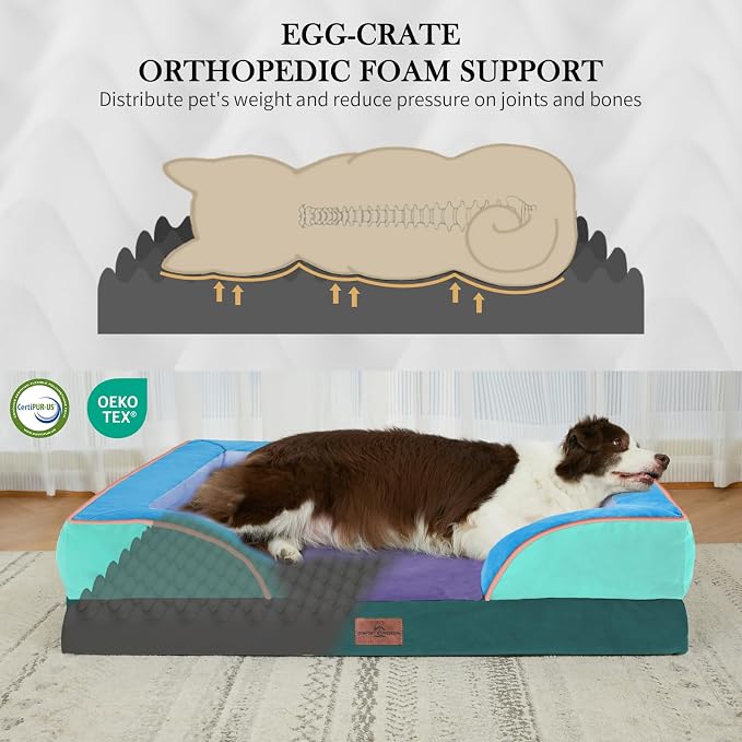 Comfort Expression Orthopedic Dog Bed for Extra Large Dogs 42x30 Inch, Waterproof Egg Crate Foam XL Pet Bed with Bolsters, Dog Couch with Washable Cover & Non-Slip Bottom, Violet Tide