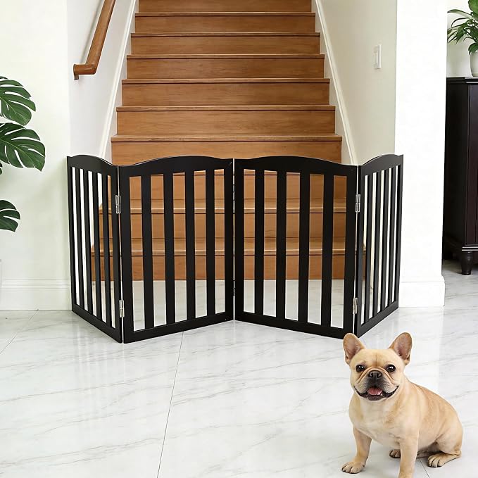Freestanding Dog Gate Indoor,Doggie Gate Foldable Pet Gates for Doorways,Stairs or Hallways, Wooden Black Pet Gate for the House, Pet Fence,24 "Height-4 Panels