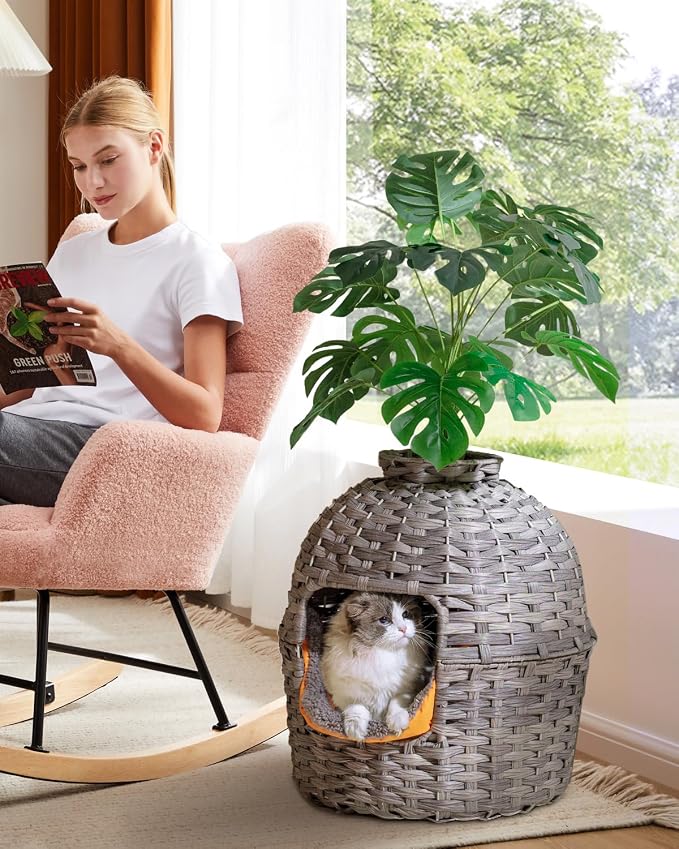 SETVSON Cat Litter Box Plant Enclosure, Hidden Handwoven Rattan with Cat Litter Box Furniture and Artificial Plants, Odor Control Filter, Real Stones in Living Room, Bedroom, Corner (Gray)