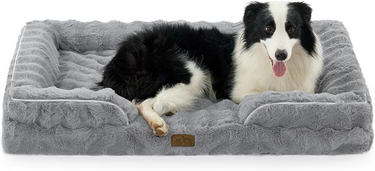 COZY KISS Orthopedic Dog Bed for Extra Large Dog 44x32 inch, XL Faux Fur Pet Sofa, Bolster Foam Bed with Sides, Non-Slip and Egg-Crate Big Dog Couch Bed with Washable Removable Cover, Grey