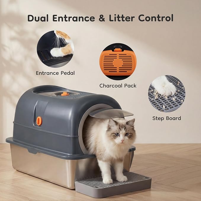 OLIXIS Stainless Steel Litter Box with Lid, Extra Large Enclosed Cat Litter Pan for Big Cats, High Sided Cat Box with Scoop & Mat, Front & Top Entry, Easy Cleaning, Grey