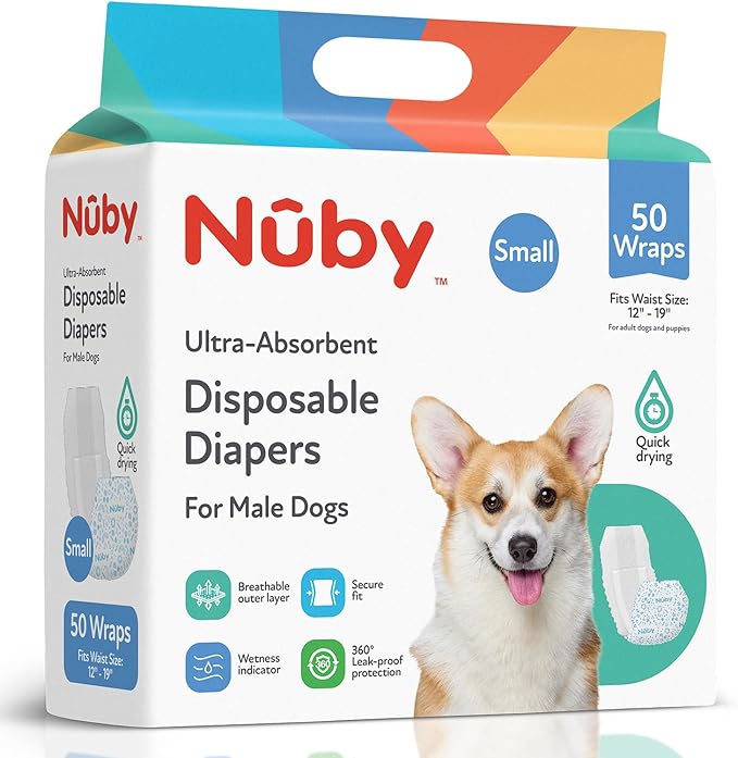 Nuby Pets Disposable Male Dog Wraps with Wetness Indicator, Absorbent & Leak-Resistant Belly Bands for Male Dogs, Small (12–19" Waist), 50 Count