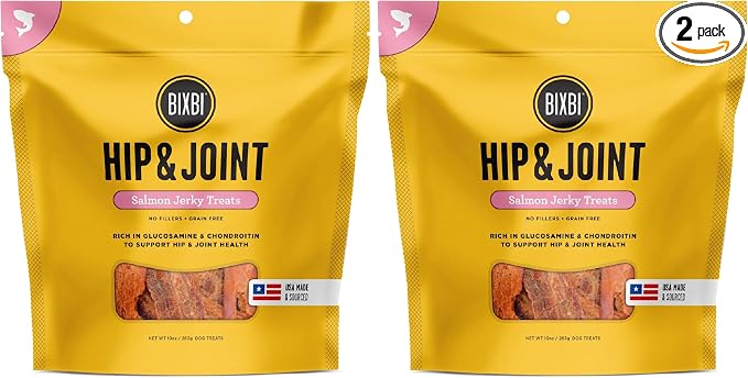 BIXBI Hip & Joint Support Salmon Jerky Dog Treats, 10 Oz - USA Made Grain Free Dog Treats - Glucosamine, Chondroitin for Dogs - High in Protein, Antioxidant Rich, Whole Food Nutrition, No Fillers