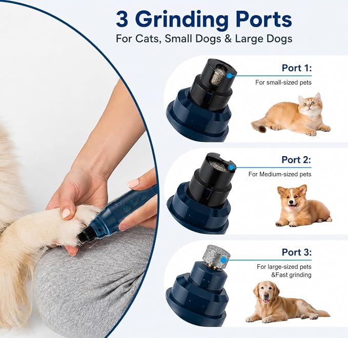 Dog & Cat Nail Grinder, Quiet 16-Speed USB-C Trimmer with 3 Heads | Below 45 dB,16 speeds, Dual LED lights, 3 ports, USB-C charging for cats and dogs
