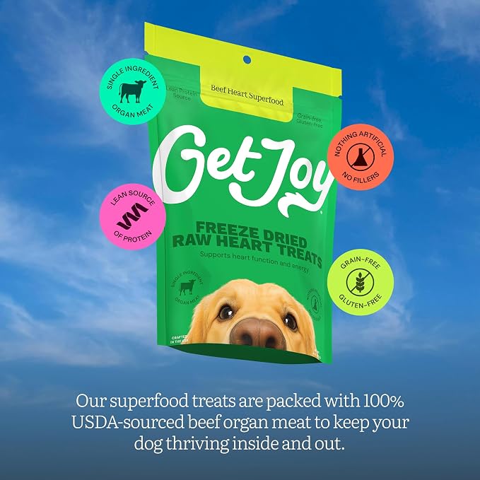 Get Joy Freeze-Dried Meal and Treats Bundle, Endurance 100% Beef Heart Dog Treats, 4 Ounce, and Gut Health Fresh Freeze Dried Raw Meal Dog Food, Beef Recipe, 32 Ounce