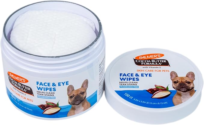 Palmer’s for Pets Face and Eye Dog Wipes with Cocoa Butter, Gentle Tear Stain and Facial Cleaning Wipes for Sensitive Areas and Daily Grooming Care, Unscented, 100 Count