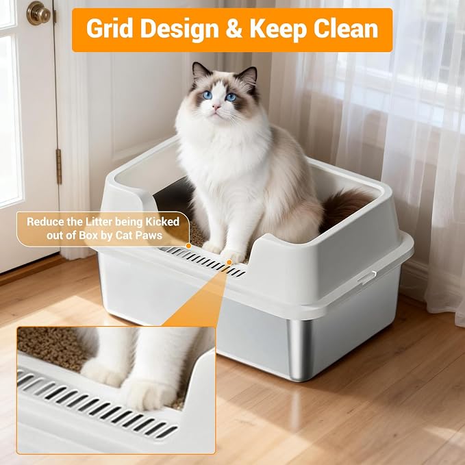 Enclosed Stainless Steel Cat Litter Box with Lid Extra Large Litter Box for Big Cats XL Metal Litter Pan Tray with High Wall Sides Enclosure, Non-Sticky, Anti-Leakage, Easy Cleaning