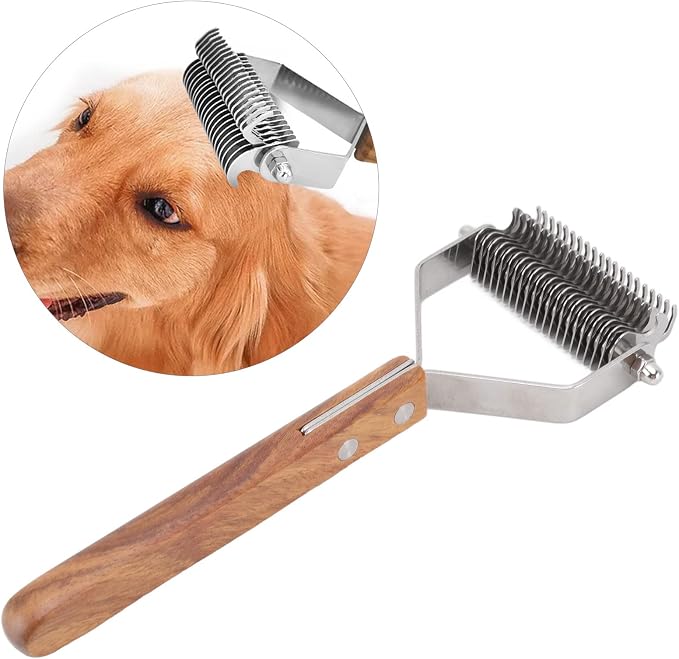Pet Undercoat Rake for Dogs and Cats, Double Row Wood Handle Brush, Removes Loose Hair and Knots, Safe and Gentle Grooming Tool, Promotes Skin and Shiny Coat