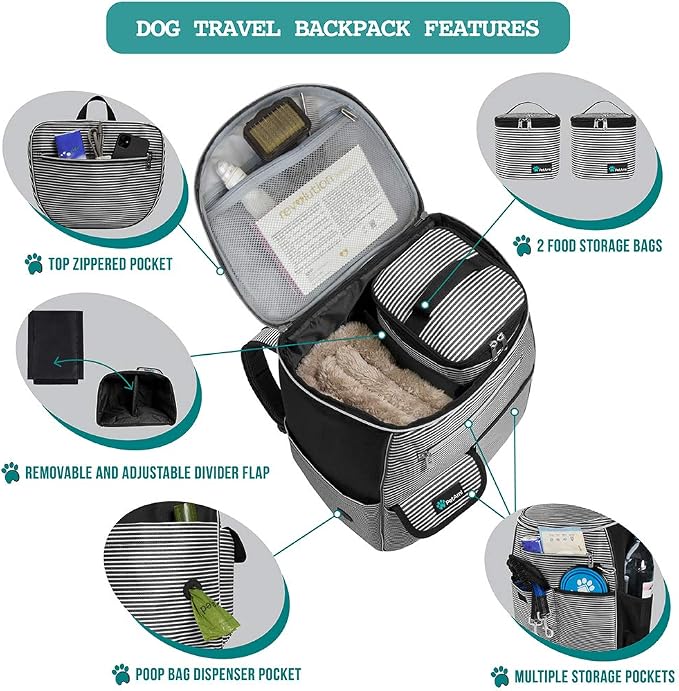 PetAmi Dog Travel Bag Backpack, 27L Airline Approved Pet Supplies Organizer with 2 Food Containers, 2 Collapsible Bowls & Poop Bag Dispenser, Weekend Road Trip Camping Dog Mom Gift, Stripe Black