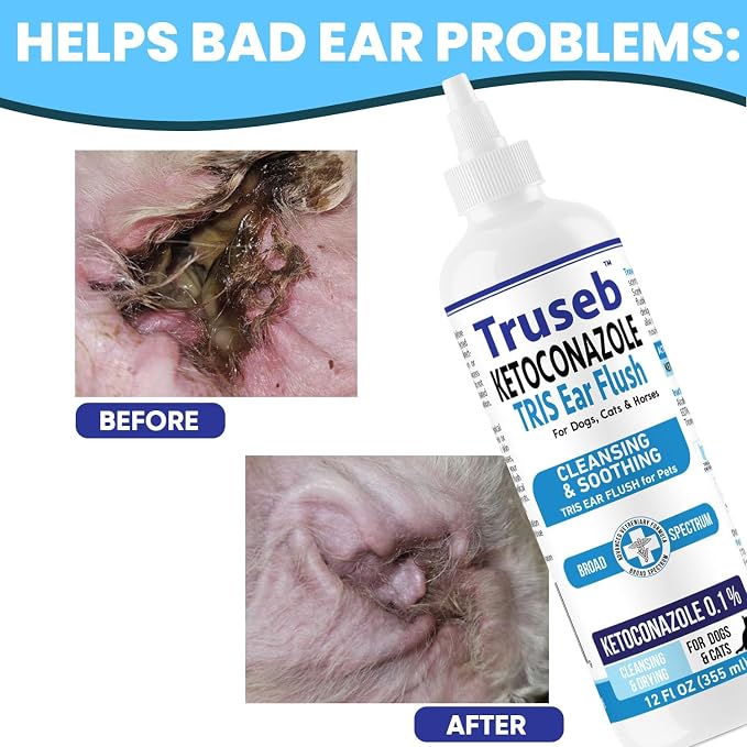 Truseb Cat & Dog Ear Infection Treatment Solution Flush – Medicated Ketoconazole TRIS with Trizmax EDTA (Tromethamine, Disodium Edta) Dog Ear Cleaner, Flush Wash (Ketoconazole Ear Infection Flush 24oz