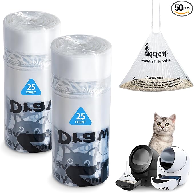 50 Count Drawstring Litter Box Liners Compatible with Litter Robot 4 & 3 - Thickened Leak-Proof Cat Litter Waste Bags, Pre-Separated Clear Design (25.8" x 21"), Odor Control Cat Litter Liners