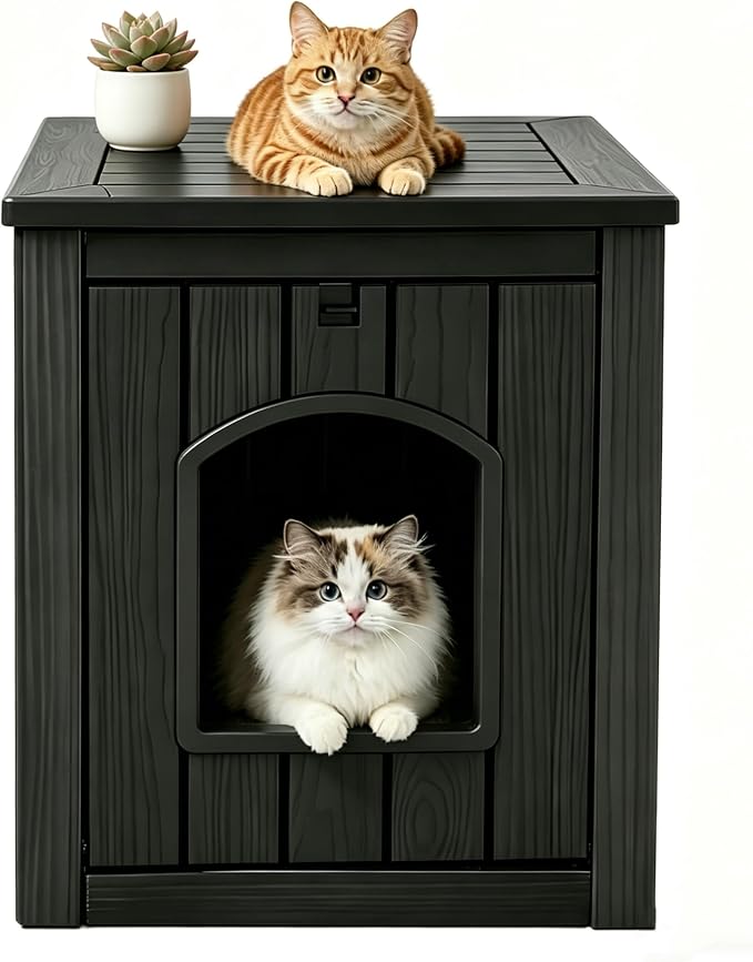 NUNU LAB Hidden Cat Litter Box Enclosure Furniture, Weatherproof Litter Box Side Table with Openable Front Door, Odor-Free & Easy Clean Cat House Cabinet for Indoor Bedroom & Outdoor Patio, Black