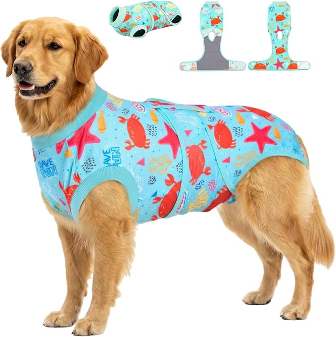 PetWarm Recovery Suit for Dogs, Surgical Suit for Dogs Female Spay Male Neutered, Dog Onesie for Surgery, Anti-Licking Dog Surgery Recovery Suit, Marine Animal Patterns, Green, 2XL