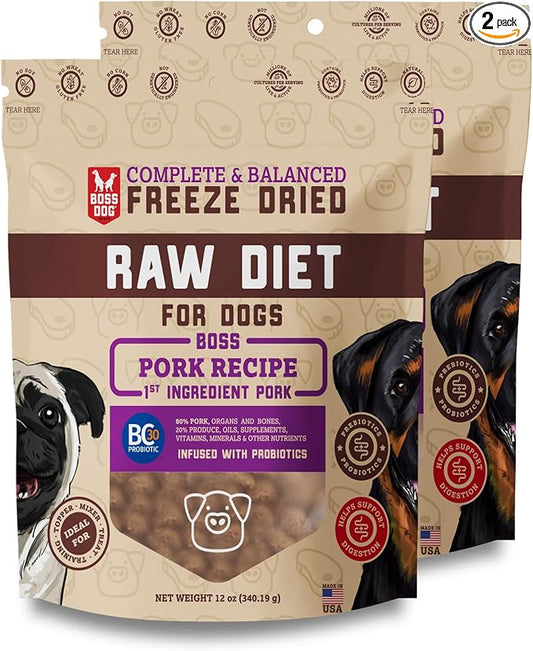 Boss Dog Complete & Balanced Freeze Dried Raw Diet for Dogs, Pork Recipe, 12 oz Bag (Bag of 2)