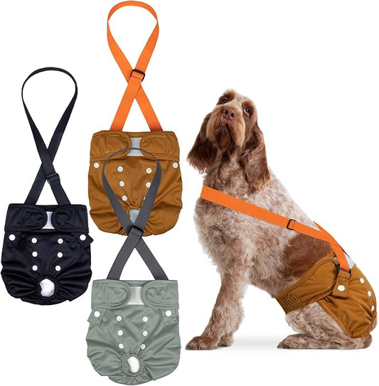 Pet Soft Dog Diapers Female with Suspenders, 3 Pack Reusable Female Dog Diapers for Heat, Dog Period Panties for Doggie in Cycle(X-Large, Deepcolor)