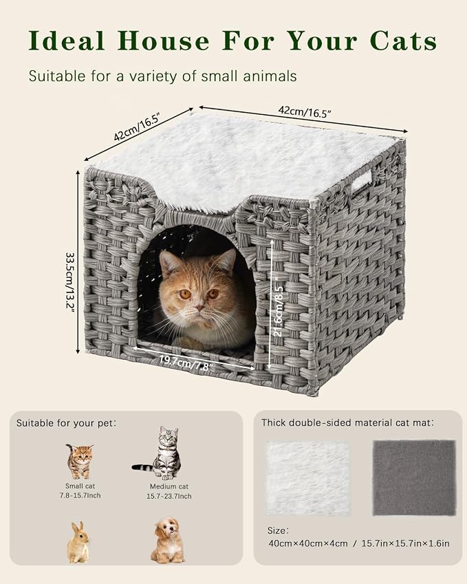 SETVSON Cat Beds Indoor Kitten House, Handwoven Rattan Cat Cave Pet Cube, One Bed Mat, Foldable, Hideaway, 16.5x16.5x13.2 Inches, 2 S-Shaped Hooks in Living Room Bedroom Gray