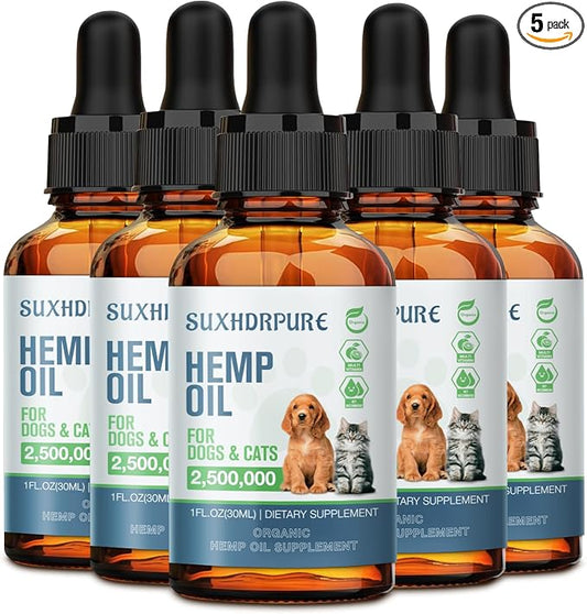 (5 Pack) Hemp Oil for Dogs and Cats - Helps with Anxiety Pain Stress Sleep Arthritis Seizures Relief - Support Hip Joint Health - Hemp Oil Drops Calming Treats