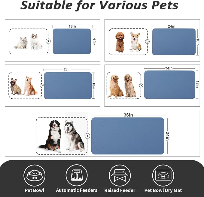 HotLive Dog Food Mat - Absorbent Cat Mat for Food and Water, No Stains Pet Feeding Bowl Mat, Easy to Clean Pet Placemats, Quick Dry Dog Water Dispenser Mat for Messy Drinkers | Blue 12"x 19"