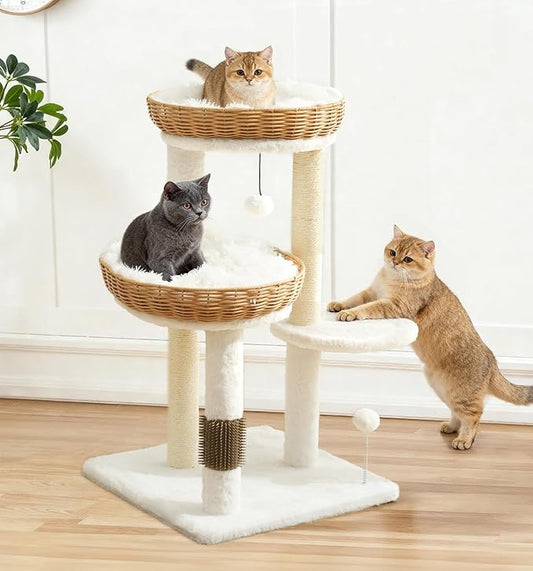 Made4Pets 32in PE Rattan Cat Tree Tower, 2 Large Handwoven Nest Baskets with Soft Cushions, Scratching Post, Stable Wicker Cat Tree with Groomer & Hanging Ball Toys for Adult and Kittens