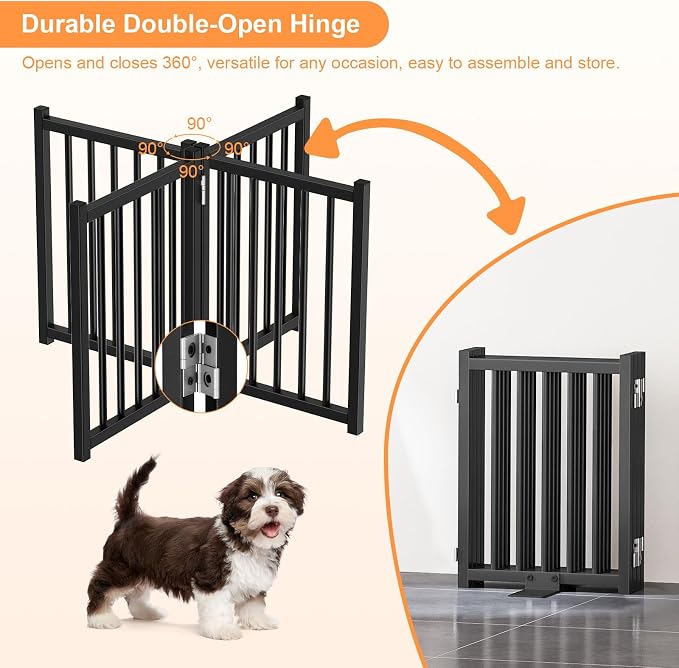 Snughome Short Dog Gate Indoor, 16" High Freestanding Small Dog Door Gate with Support Feet, Expands Up to 48’’ Wide Foldable Pet Gates for Doorway, 4 Panel Folding Pet Door Pet Fence for Puppy, Black