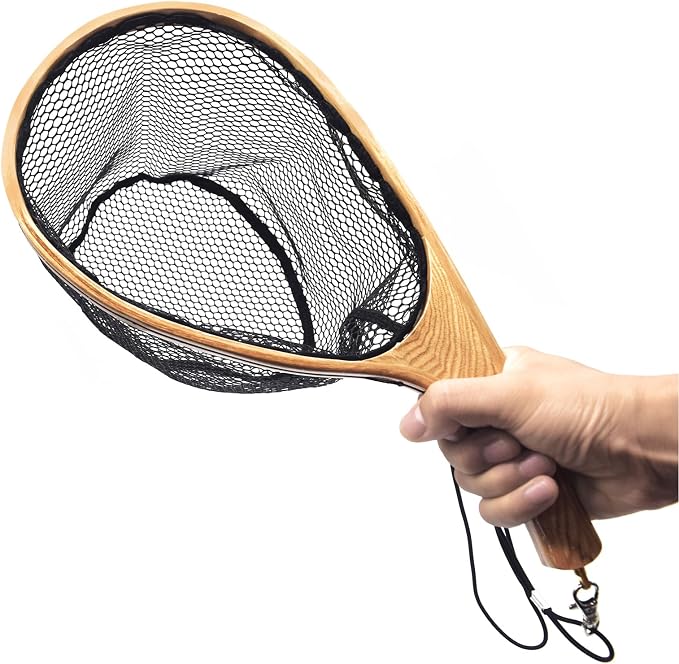 Small Wooden Frame Fly Fishing Landing Net With Soft Rubber Mesh for Trout Bass Catch and Release - Fishing Gear
