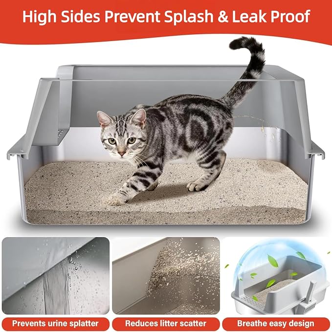 2PACK Stainless Steel Litter Box, Metal Litter Box with High Sides Lid, XL Large Cat Litter Boxes for Big Cats, Never Absorbs Odors, Anti-Urine Leakage, Easy Cleaning, Non-Stick, Include Scoop and Mat
