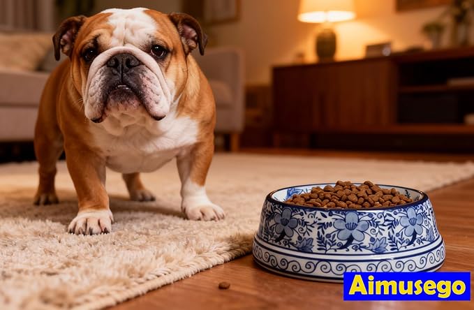 Aimusego 6.7inch Blue Ceramic Chinoiserie Food & Water Dish for Small and Medium Dogs/Cats, Non-Slip Anti-Tip Porcelain Pet Feeder Bowl
