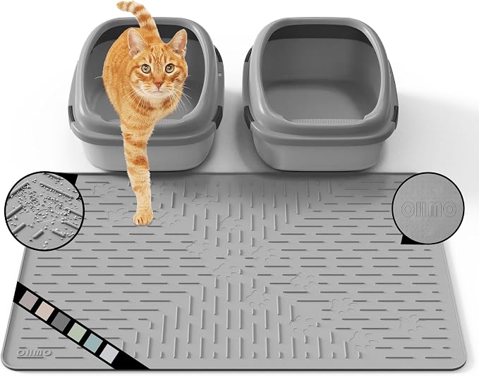 OHMO Cat Litter Mat Large Trapping Mat Premium Silicone Rubber 31.5x23.6 Grey, Waterproof and BPA Free Kitty Litter Box Mat, Easy to Clean and Keeps the Floor Tidy