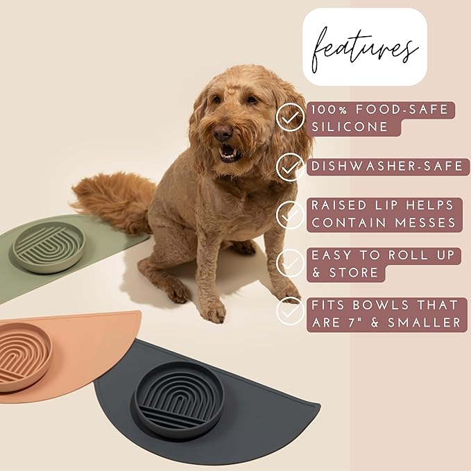 Should We Go? Waterproof Silicone Dog Food Mat – Medium Size Non-Slip Pet Bowl Mat, Raised Edge Design, Easy-to-Clean Pet Food Placemat for Dog & Cat Bowls, 21" Across x 10.5" Deep - Natural Sand