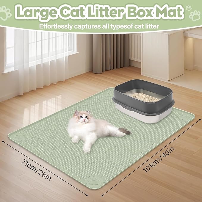Kalolary Cat Litter Mats, 40" x 28" Extra Large Silicone Cat Mat for Litter Box, Easy to Clean Kitty Litter Trapping Mat, Soft on Kitty Paws, Waterproof, Urine-Proof Kittys Litter Mats for Floor,Green