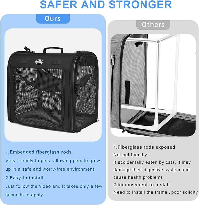 Wakytu 2-in-1 Pet Carrier for Cats & Dog, Travel Carrier for Camping | Extra-large fits 2 cats up to 25lbs each, includes 2 hammocks, carry bag, bowls & stakes. Car seatbelt pass-through