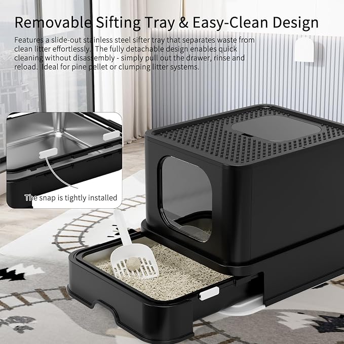 RIZZARI Stainless Steel Cat Box: All Black Large Capacity Enclosed Litter Pan with High Walls - Non-Stick Teflon Coating & Leak-Proof Drawer - Odor Control - Perfect for Living Room Balcony