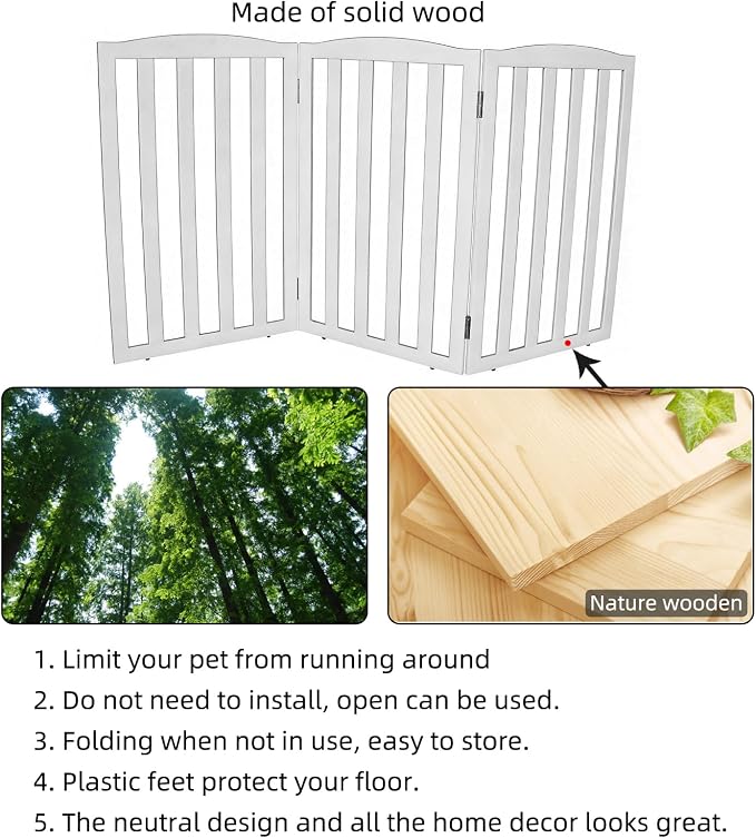 Freestanding Dog Gate Indoor,Doggie Gate Foldable Pet Gates for Doorways,Stairs or Hallways, Wooden White Pet Gate for the House, Pet Fence,32 "Height-3 Panels