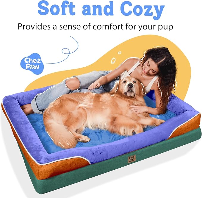 Chez Paw XXL Orthopedic Dog Bed for Extra Large Dogs, Extra Thick Egg-Crate Foam Waterproof Pet Couch with Removable Washable Cover, 4-Sided Bolster & Non-Slip Bottom, Navy Orange 45"x35"x7.5"