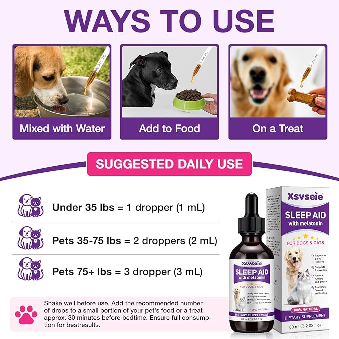 Liquid Melatonin for Dogs & Cats, 60ml Dog Melatonin Calming Drops with L-Theanine, Cat Calming Dog Sleep Aid Support Anxiety Relief for Travel, Separation, Barking, Fireworks (60ml (Pack of 2)