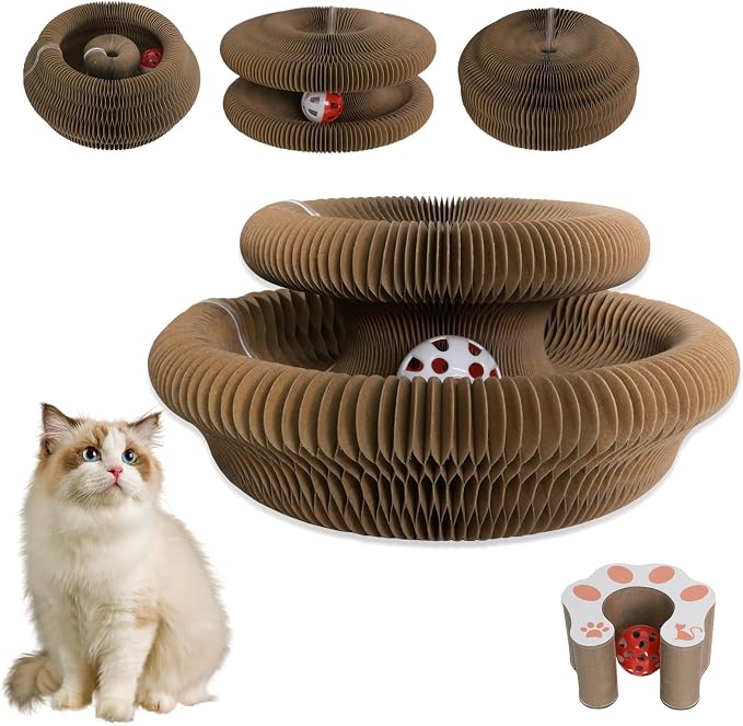 Cat Scratcher Board Foldable with Bell Ball, Interactive Mental Physical Exercise for Indoor Cats Toy, 3-in-1 Magic Organ Cat Toy Protects Furniture, Corrugated Cardboard Scratching Pad