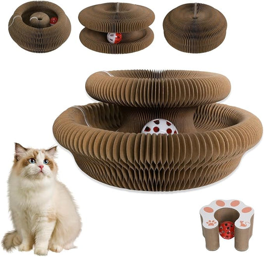 Cat Scratcher Board Foldable with Bell Ball, Interactive Mental Physical Exercise for Indoor Cats Toy, 3-in-1 Magic Organ Cat Toy Protects Furniture, Corrugated Cardboard Scratching Pad