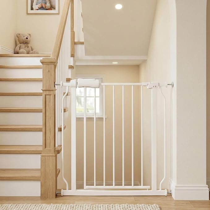 Baby Gate for Stairs and Doorways, 29-34" Dog Gates for The House, Pressure Mounted Indoor Pet Gate with Walk Thru Door, Auto Close Child Safety Gate, White